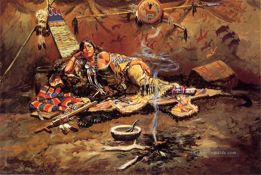 Abwarten und Mad Indianer Westlichen Amerikanischen Charles Marion Russell Ölgemälde
